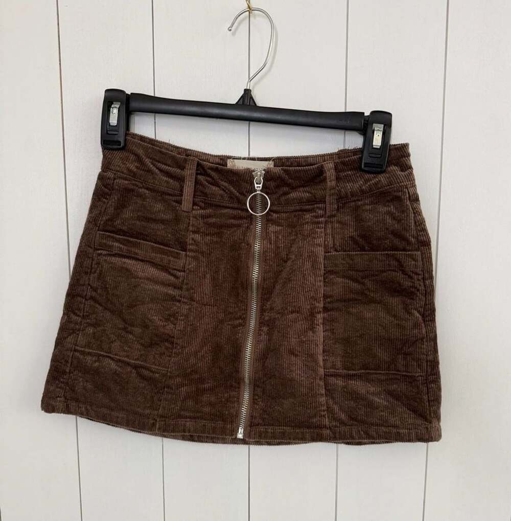 Altar'd State Corduroy Y2k Mini Skirt Size XS Brown Zip Front O-Ring